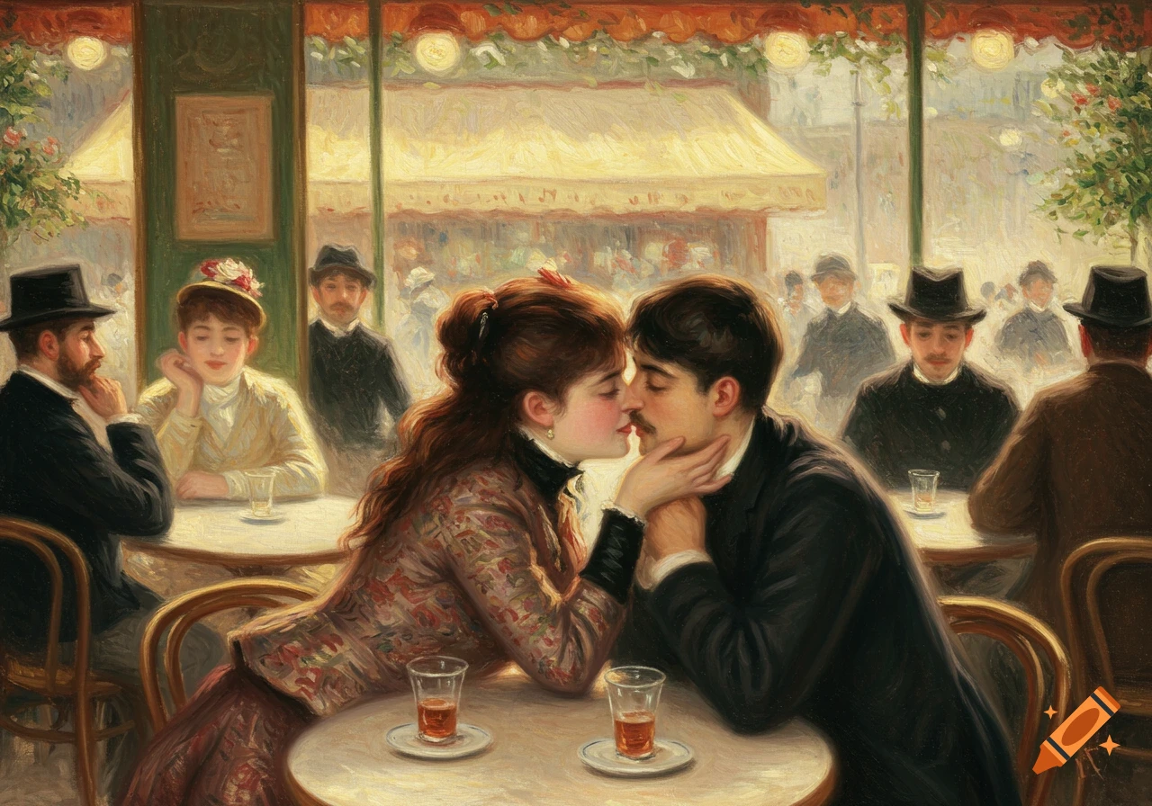 Painting of a couple kissing at a cafe table, in the style of Renoir.
