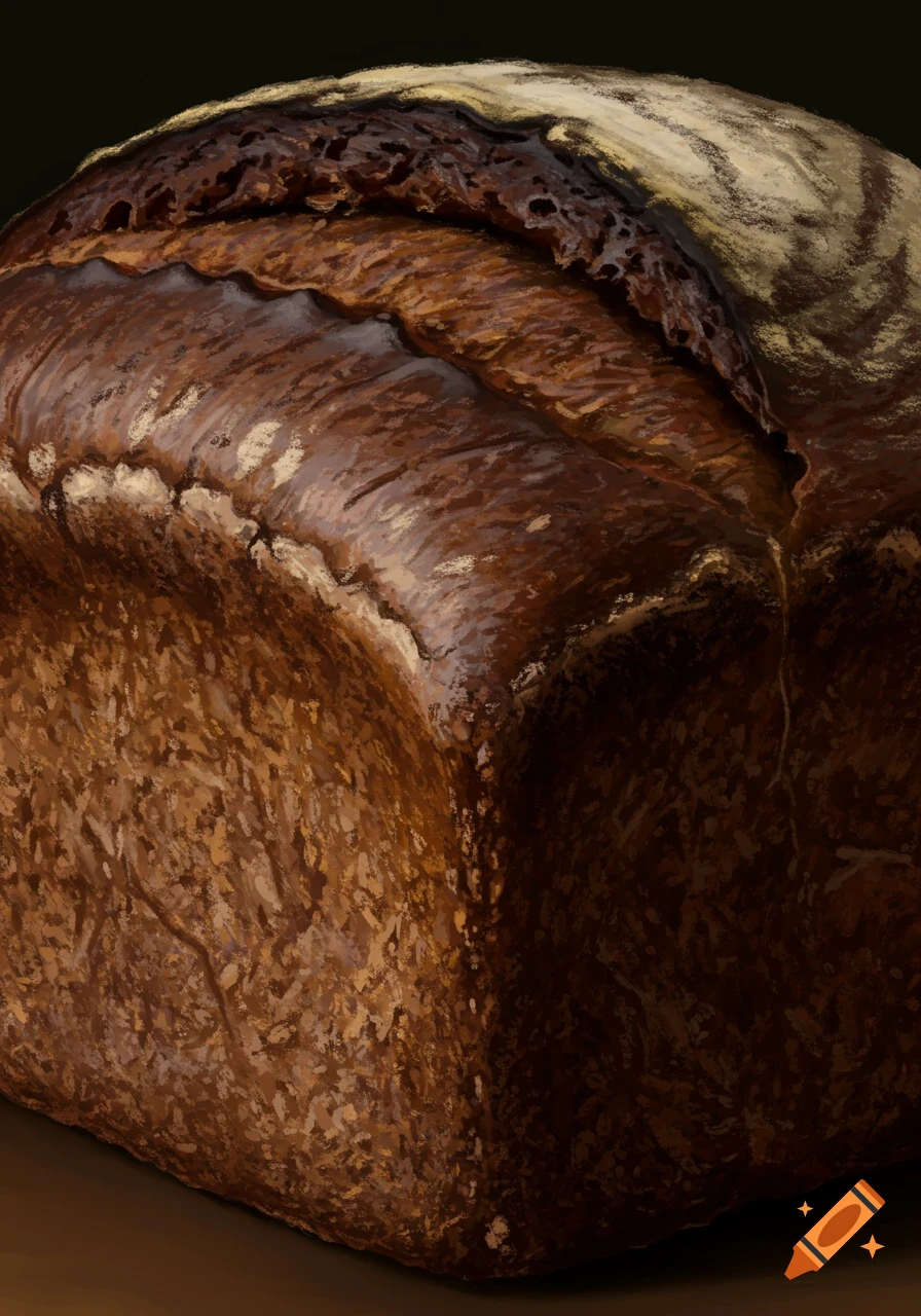 Close-up painting of a dark rye bread loaf.