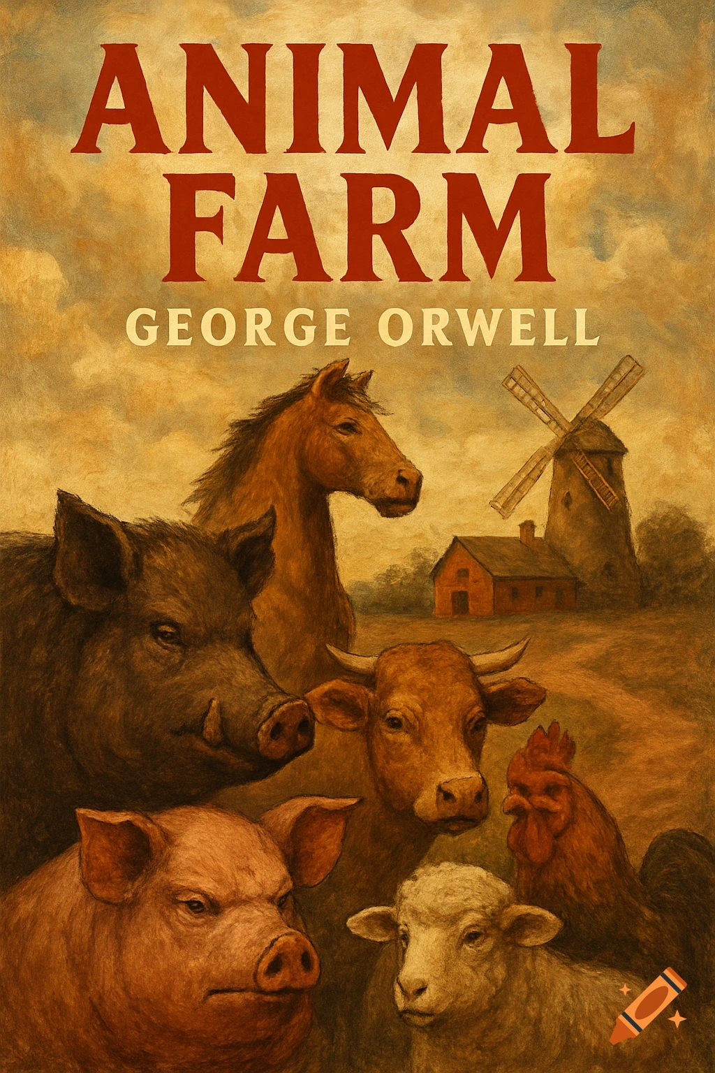 Painterly illustration of farm animals with ANIMAL FARM title and GEORGE ORWELL author name.