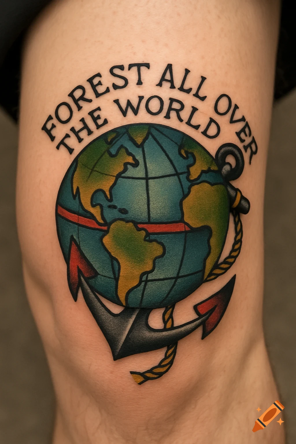 Traditional tattoo of a globe and anchor with 'FOREST ALL OVER THE WORLD' on skin.