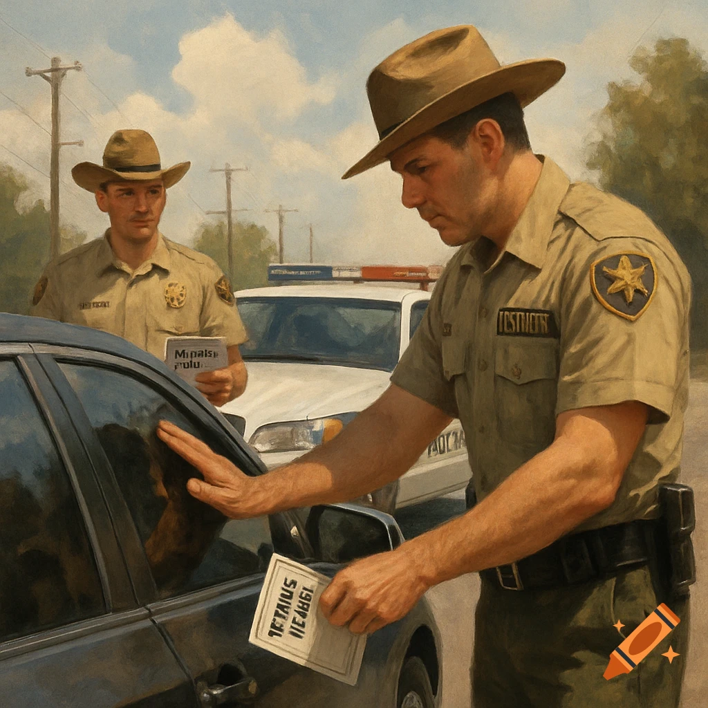Two sheriffs at a traffic stop, one holding a paper, with a police car in the background. Painterly style.