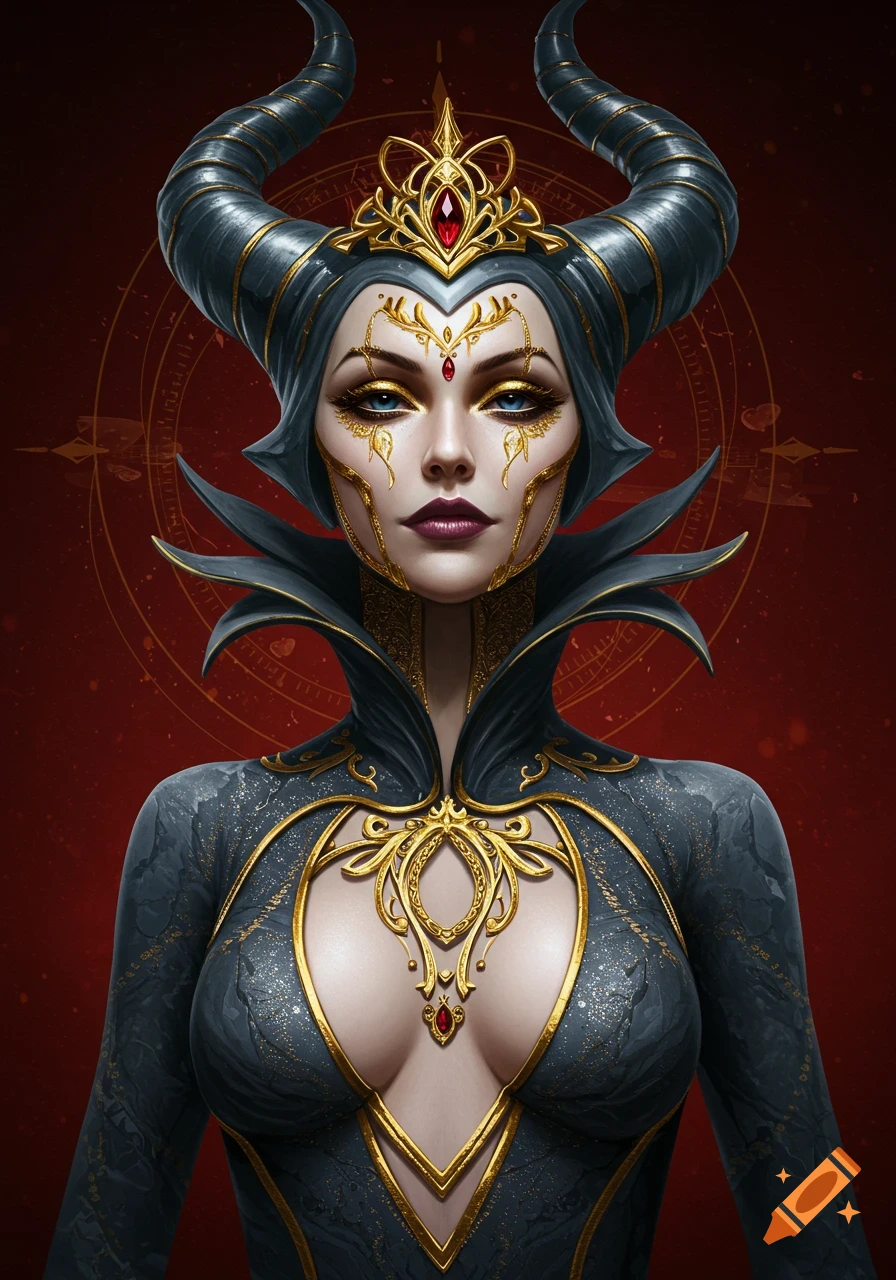 Portrait of a fantasy villainess with large horns, golden facial markings, and an elaborate black and gold outfit, set against a red background.