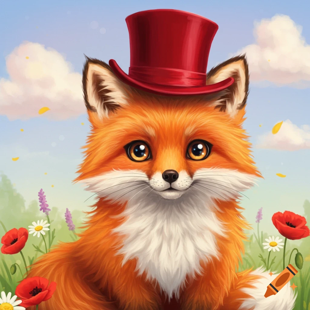 A cute illustrated fox wearing a red top hat sits among flowers.