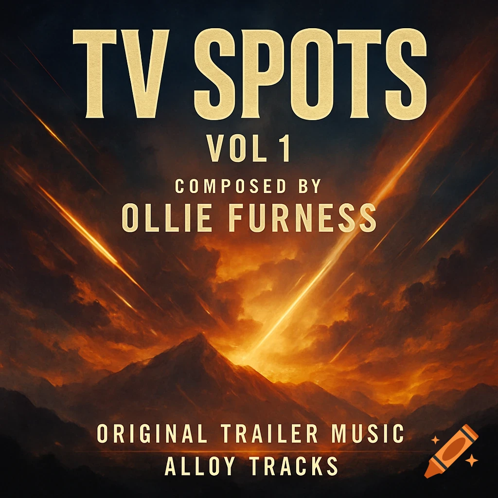 Epic album cover with fiery sky, mountains, and text 'TV SPOTS VOL 1 COMPOSED BY OLLIE FURNESS ORIGINAL TRAILER MUSIC ALLOY TRACKS'