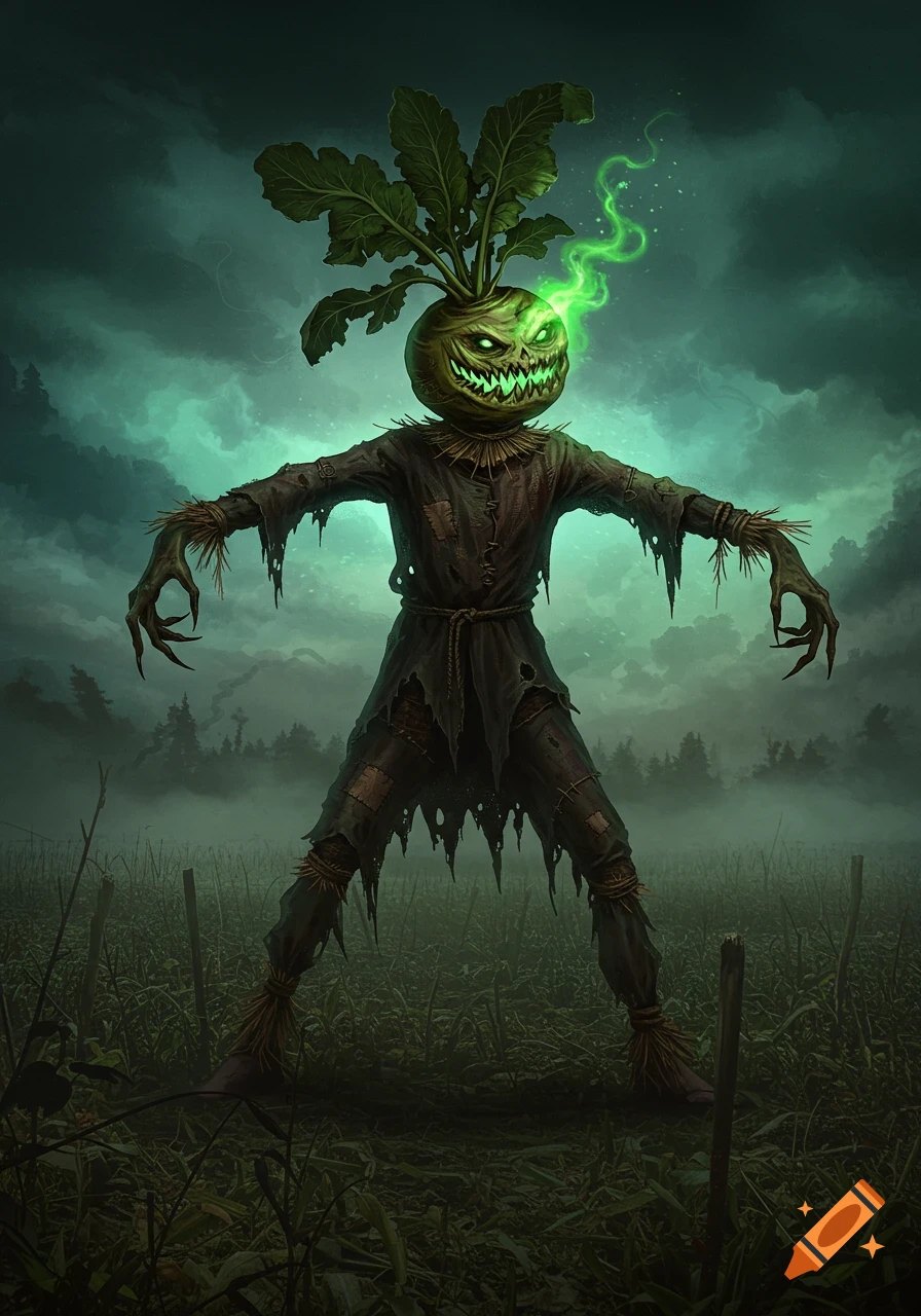 A terrifying scarecrow with a glowing turnip head stands in a dark, misty field.