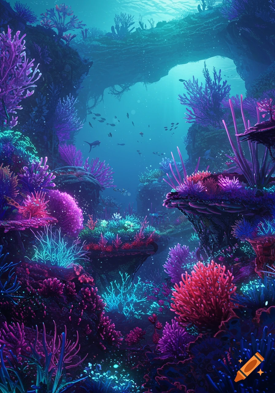 Vibrant, colorful coral reef underwater scene with fish and a cave opening