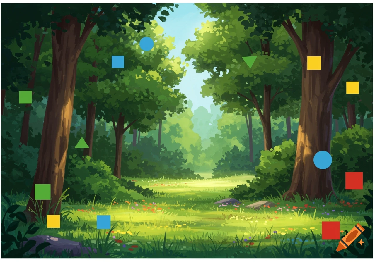Illustration of a lush green forest with scattered colored shapes (squares, triangles, circles)