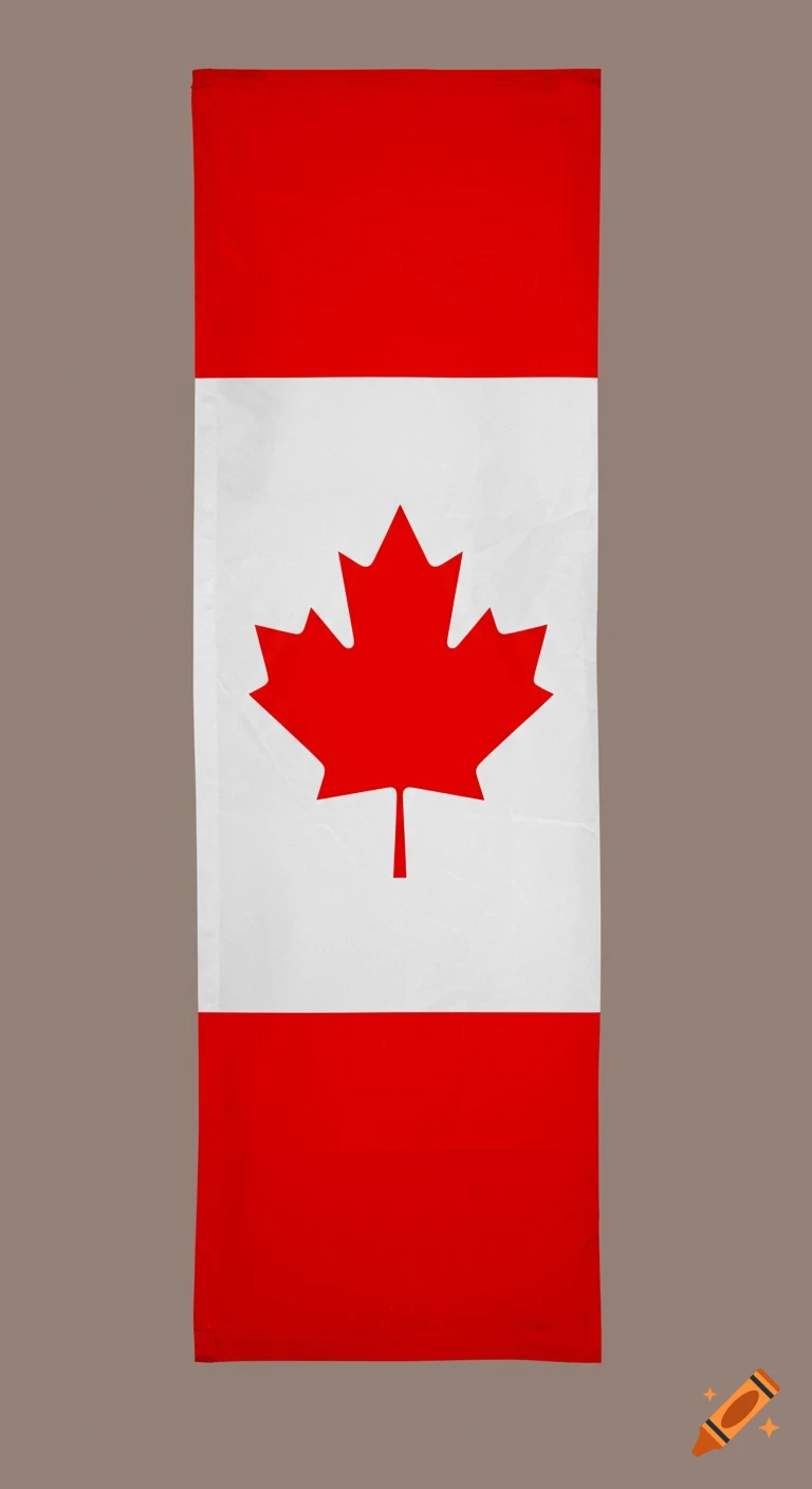 A vertical Canadian flag hanging against a plain background.