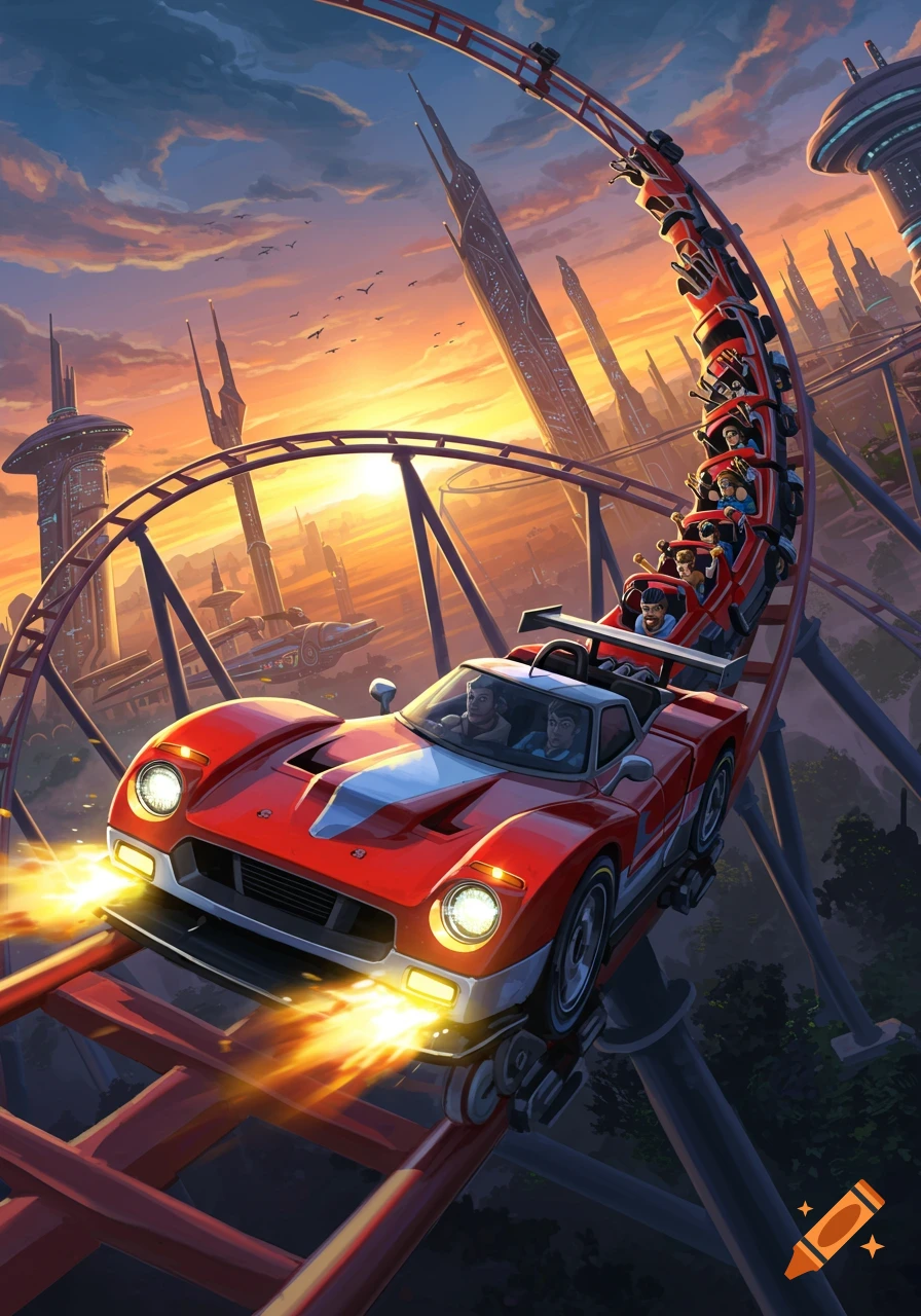 A red race car shaped rollercoaster car on a track winding through a futuristic city skyline at sunset.