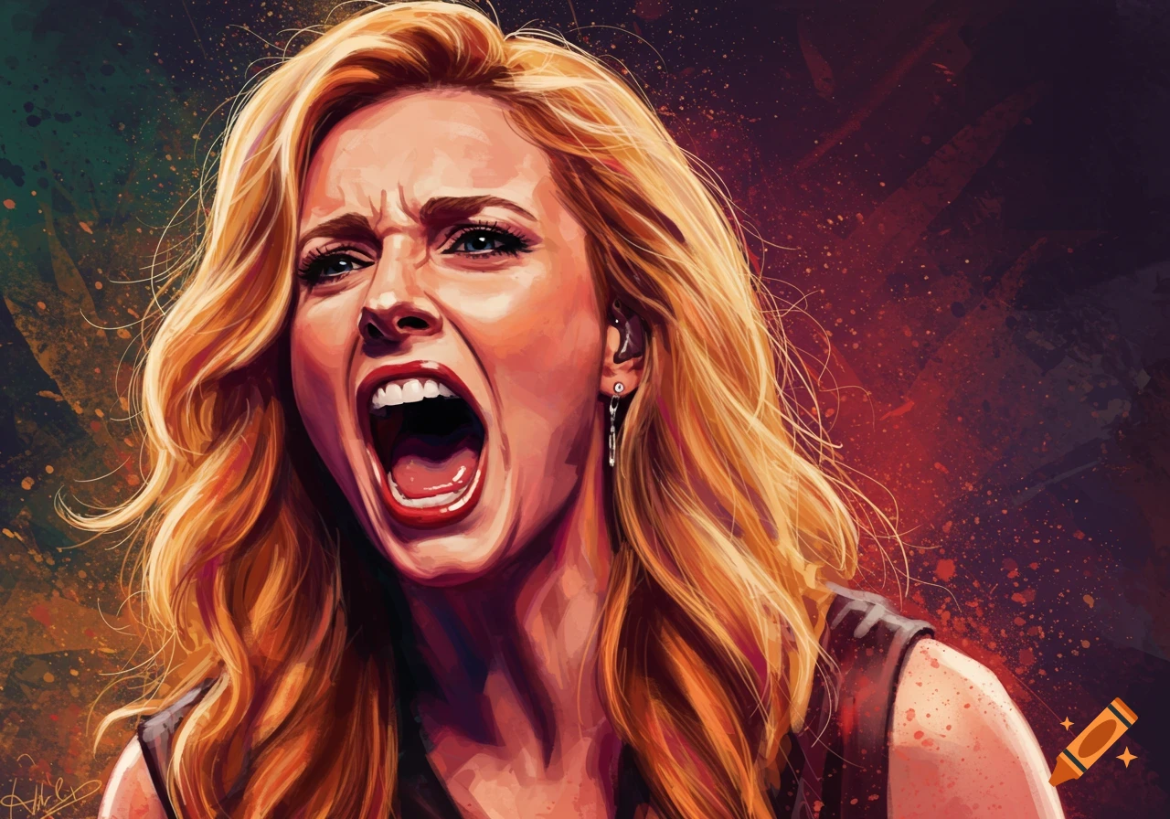 Illustration of a woman with blonde hair screaming in a painterly style.