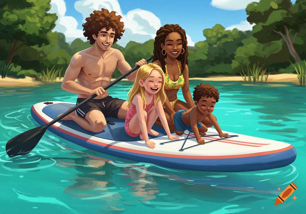Illustrated family paddleboarding on a lake