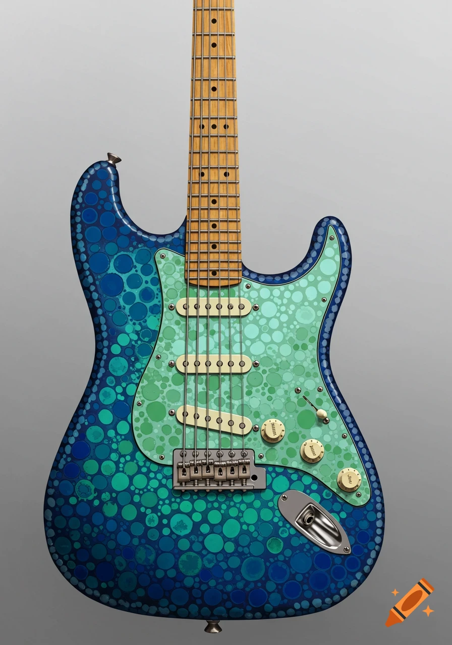 A Stratocaster-style electric guitar with a blue and green spotted dot pattern.