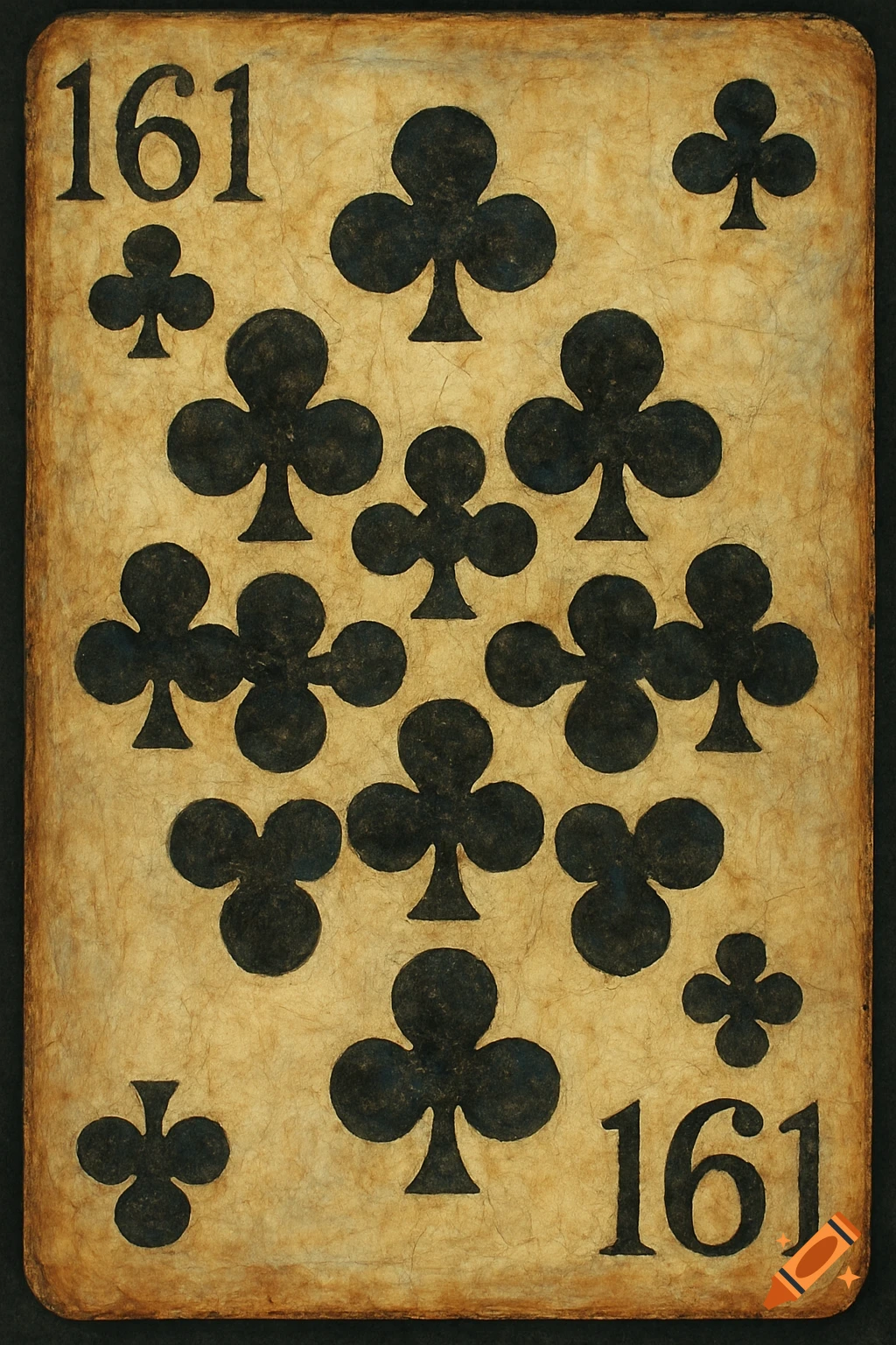 A vintage playing card with the number 161 and club symbols on a textured background.