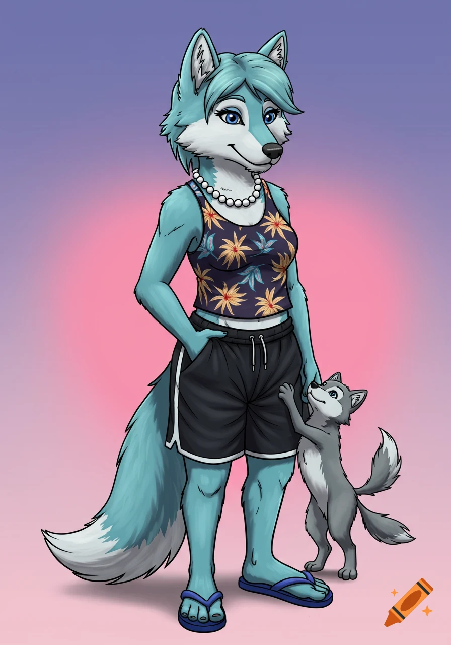 2D cartoon of a furry wolf character in tropical clothing standing with a small puppy.