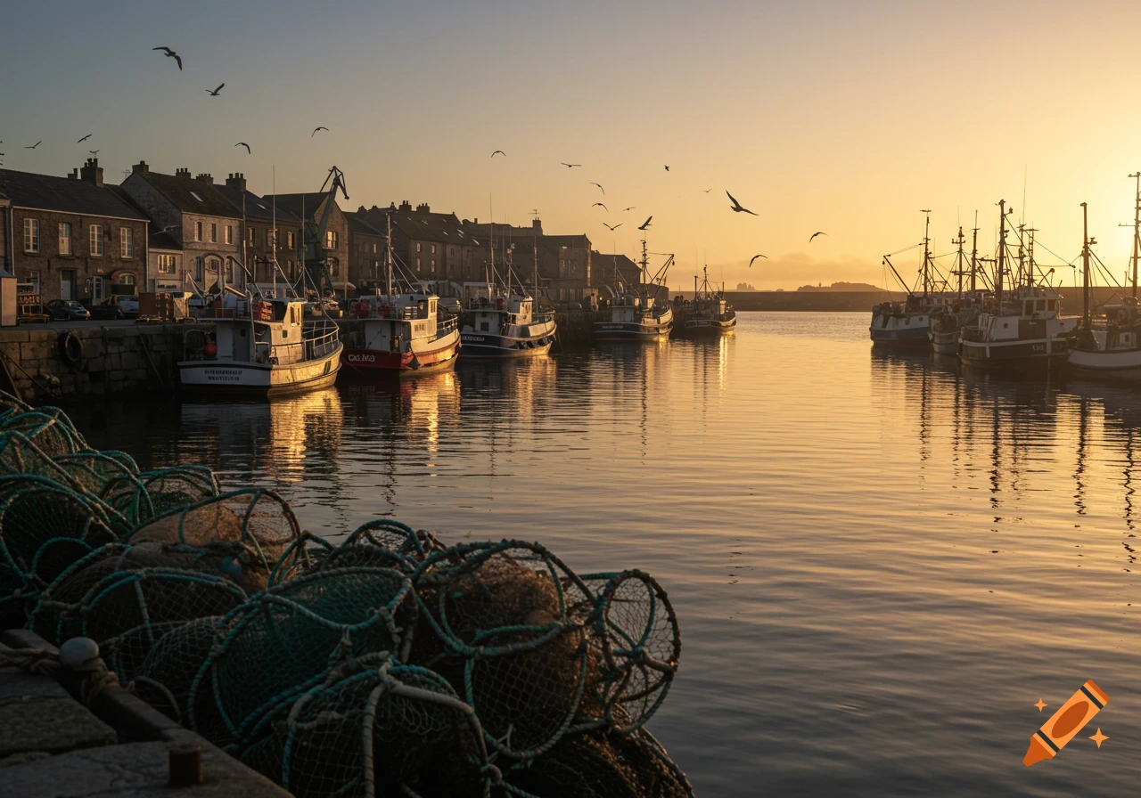 Fishing boats moored in a harbor at sunset with fishing nets in the foreground.