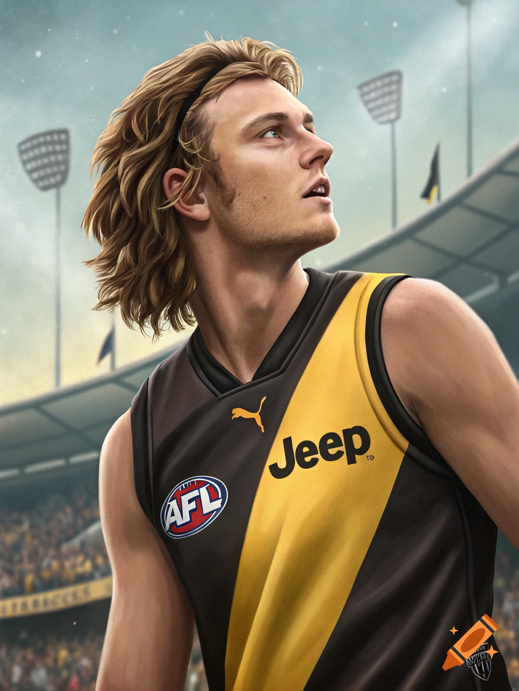 Illustration of a male AFL player in a black and yellow uniform in a stadium.