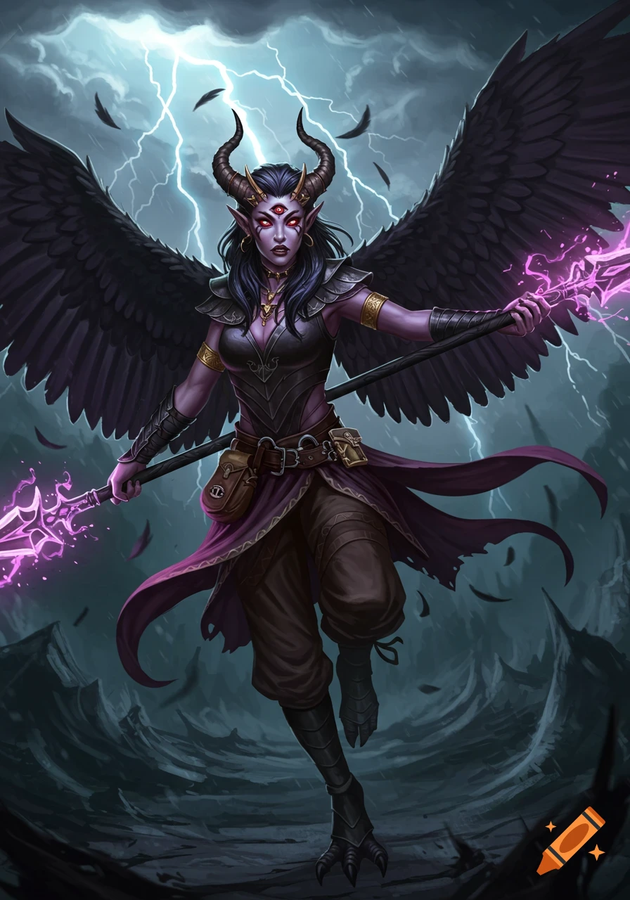 Fantasy creature with horns, wings, third eye, holding a glowing spear in a storm.