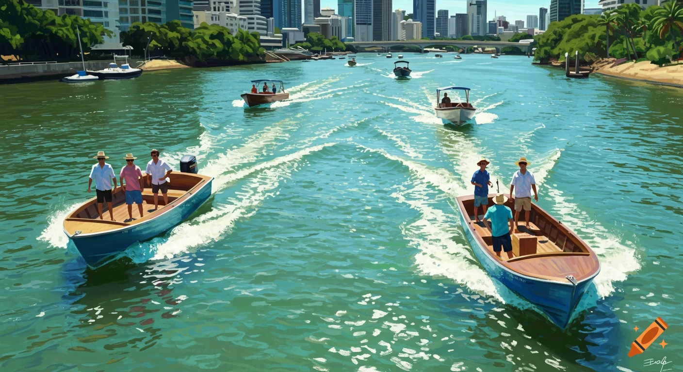 Men in motor boats on a river with a city skyline in the background, bright day, painterly style.