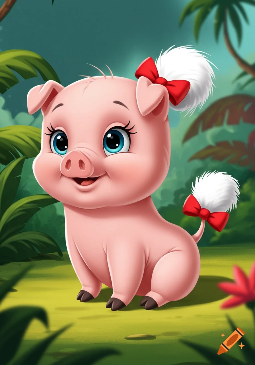 A cute cartoon pig with bows sitting in a jungle clearing.