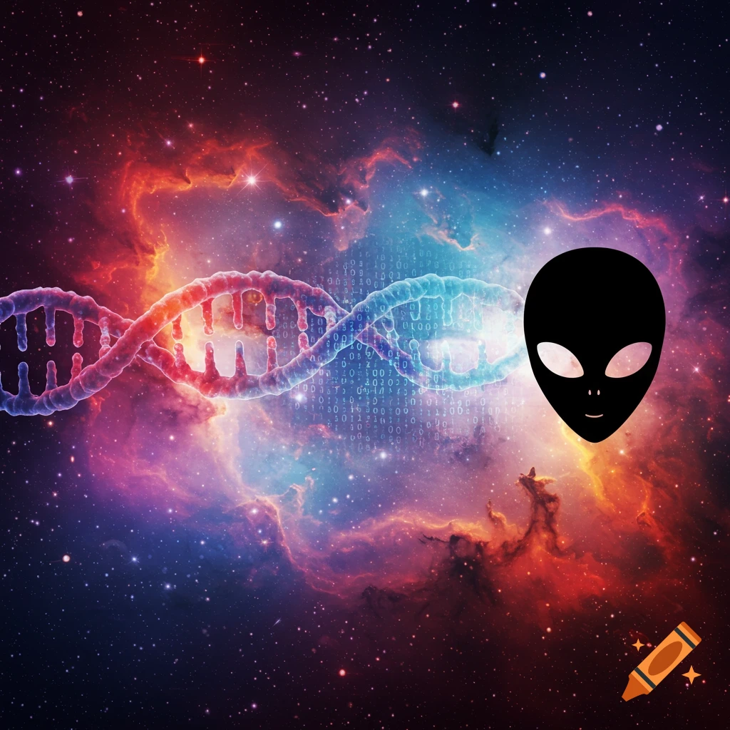 DNA helix with binary code in space next to a black alien head silhouette