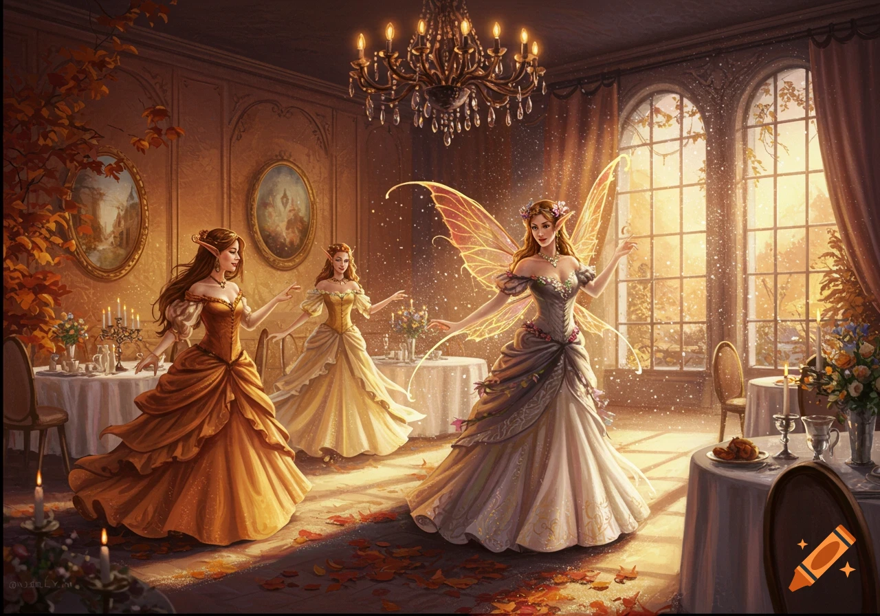 Three fairies in elegant dresses dance in an opulent ballroom filled with autumn and winter themes.