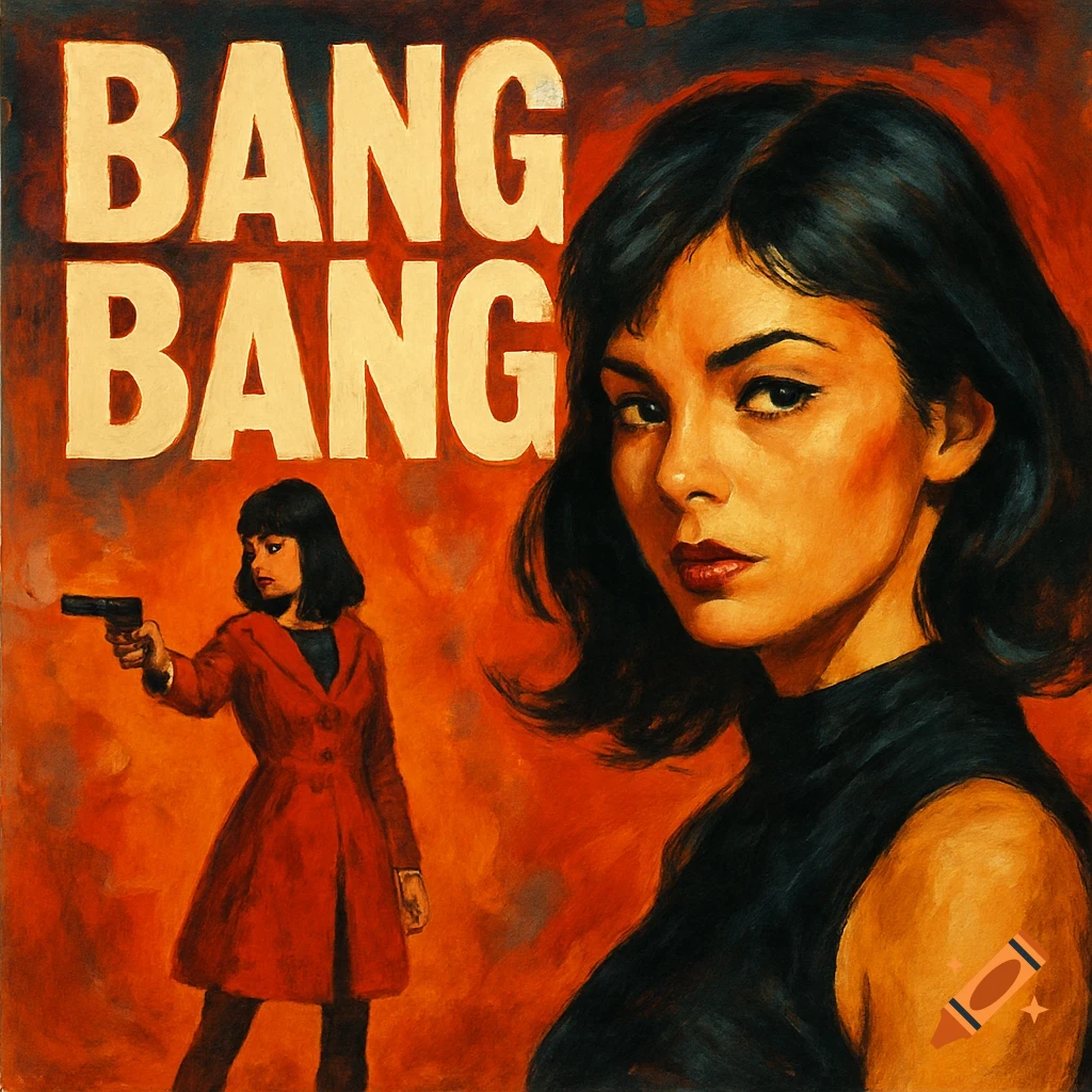 Retro style painted album cover art with two women, one holding a gun, and text 'BANG BANG'.