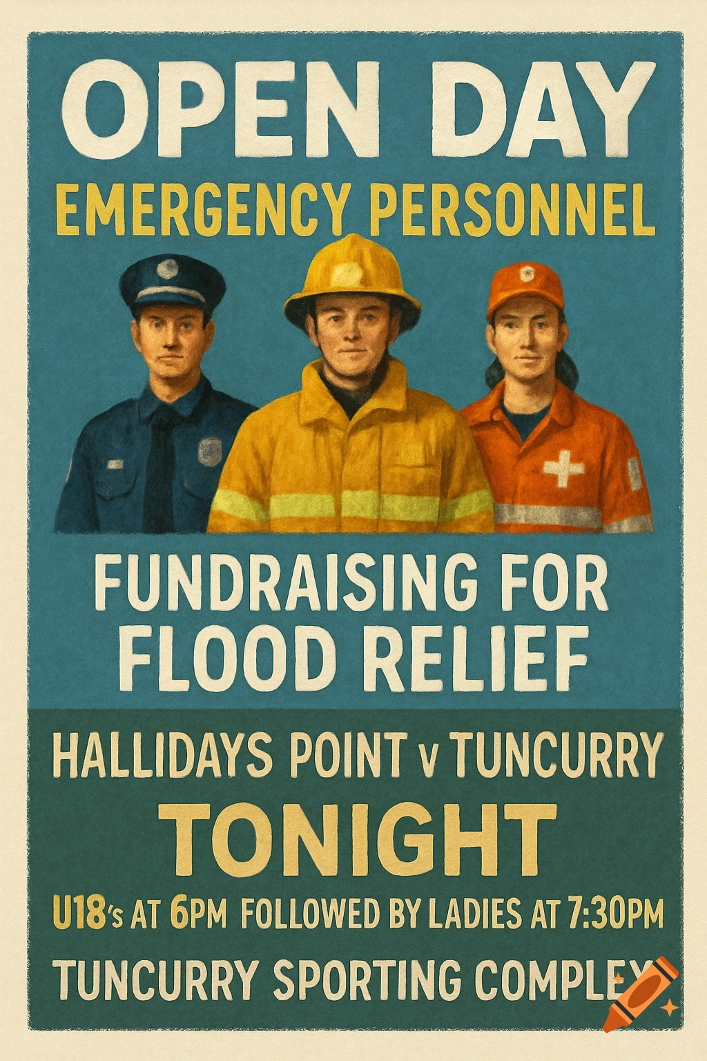 A vintage-style poster features a police officer, firefighter, and medical responder. Text advertises an 'Open Day Emergency Personnel' and 'Fundraising for Flood Relief', with details for a sports match.