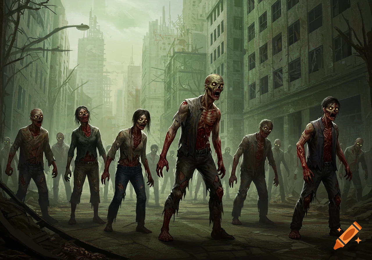 An illustration of zombies walking down a destroyed city street