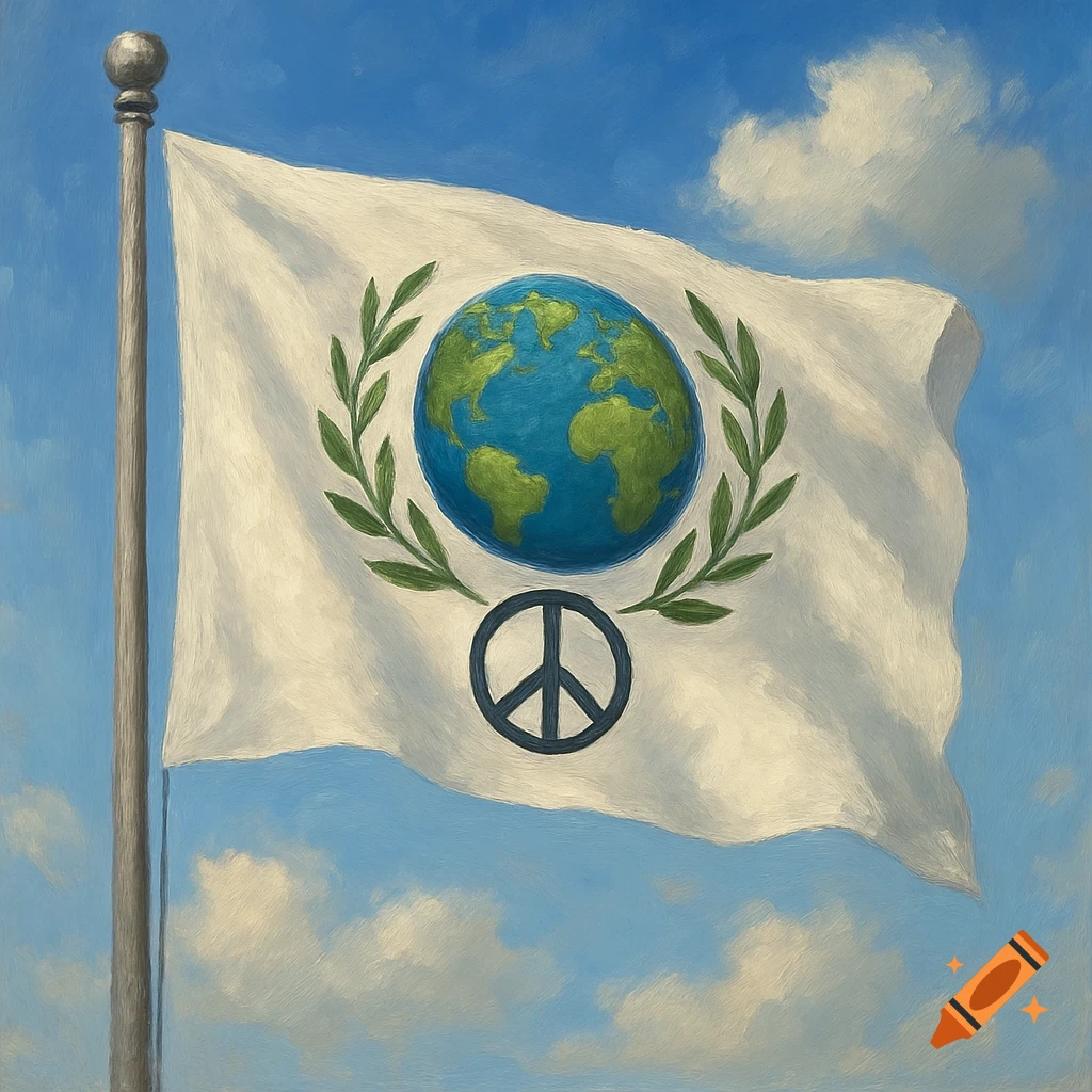 A white flag featuring a globe surrounded by olive branches and a peace sign flies against a blue sky in a painted style.