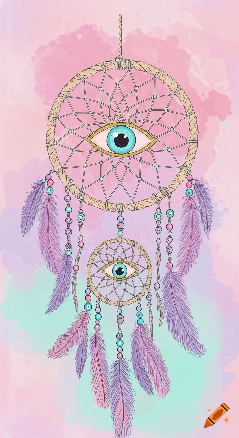 Pastel illustration of a bohemian dreamcatcher with evil eyes and feathers.