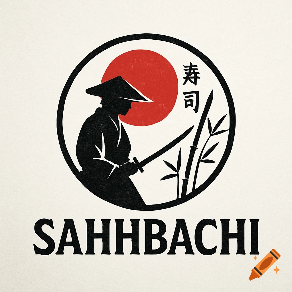 Japanese style logo with a silhouette of a figure in a conical hat holding a sword, bamboo stalks, a red sun disk, and the text SAHHBACHI.