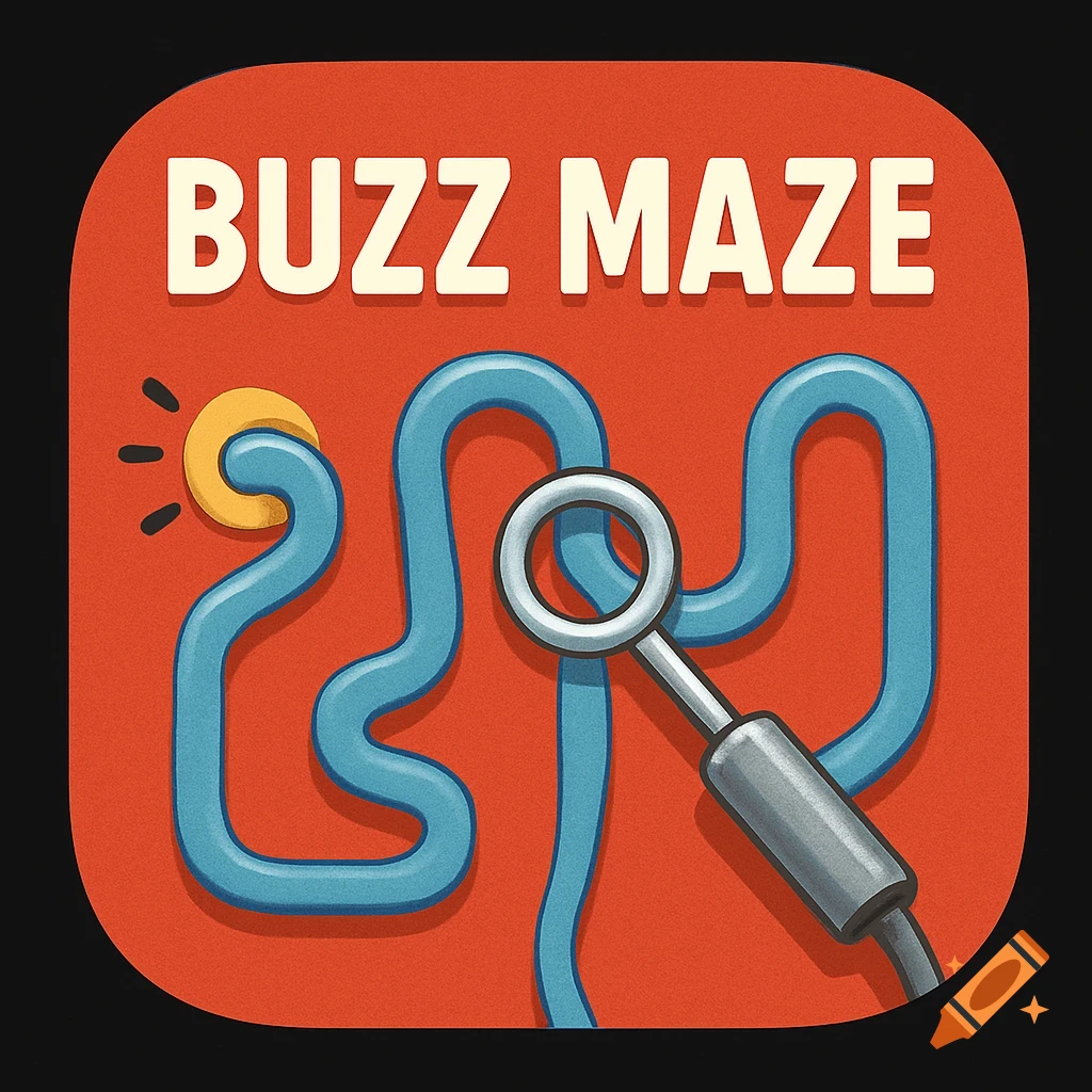 App icon for Buzz Maze game with a maze and wand on orange background.