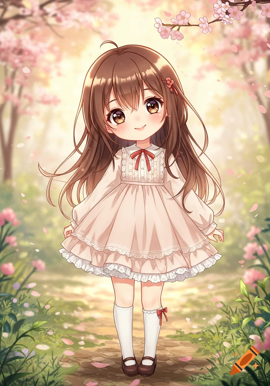 Cute anime girl in a pink dress standing in a forest with cherry blossoms.