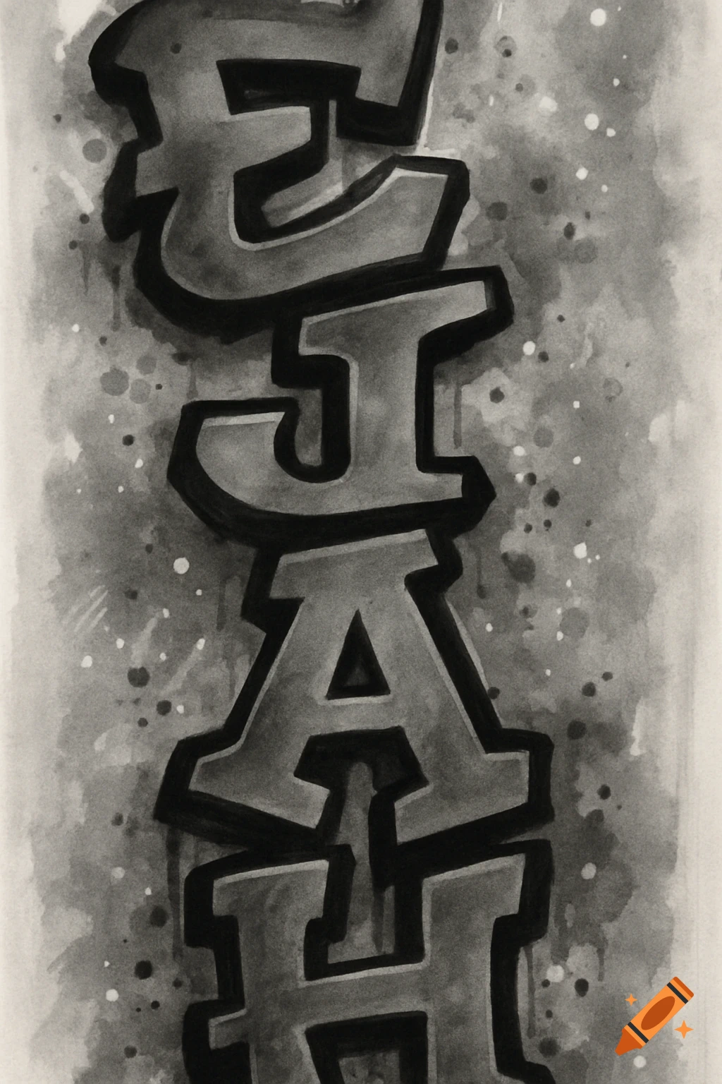 Black and white graffiti art spelling ELIJAH vertically with a grungy background.