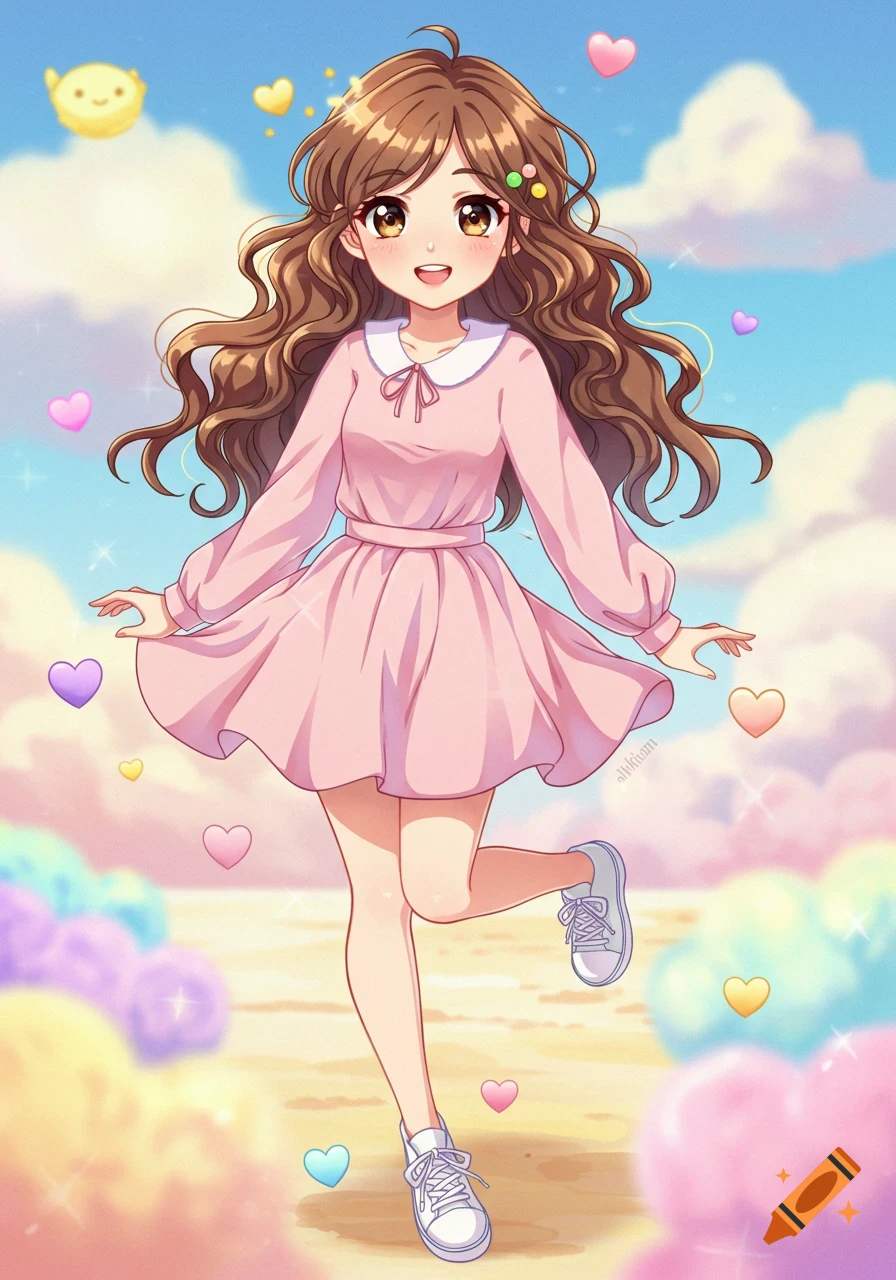 A cute anime girl with long brown hair wears a pink dress, standing in a dreamy sky filled with hearts and clouds. on Craiyon