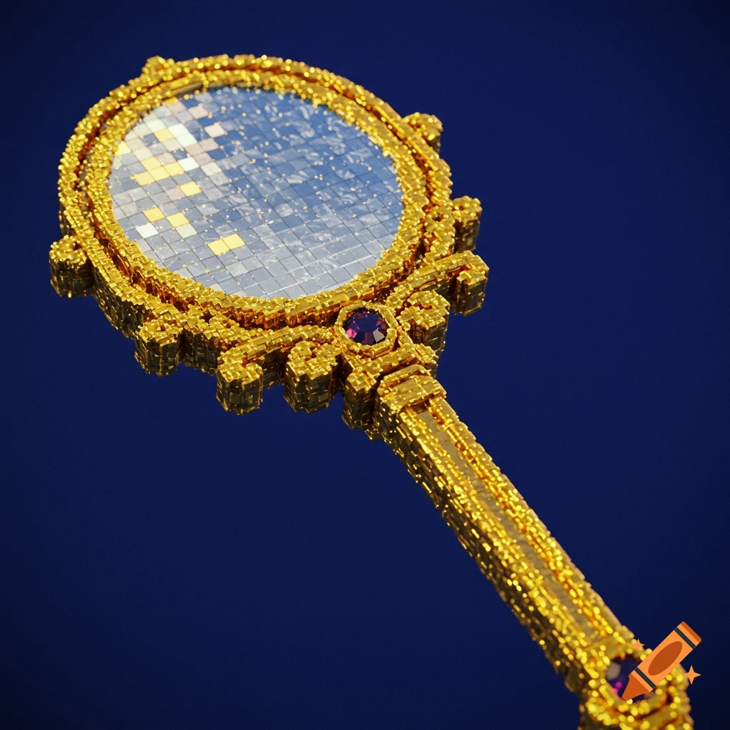 A pixelated golden mirror wand on a blue background.