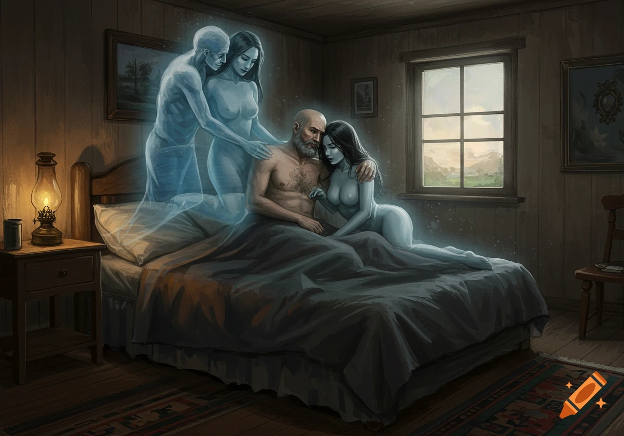 Man and woman in bed with their ghosts embracing above them in a country room.