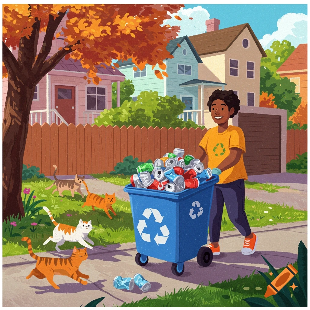 Illustration of a person pushing a recycling bin full of cans, with cats playing nearby in a suburban autumn scene.