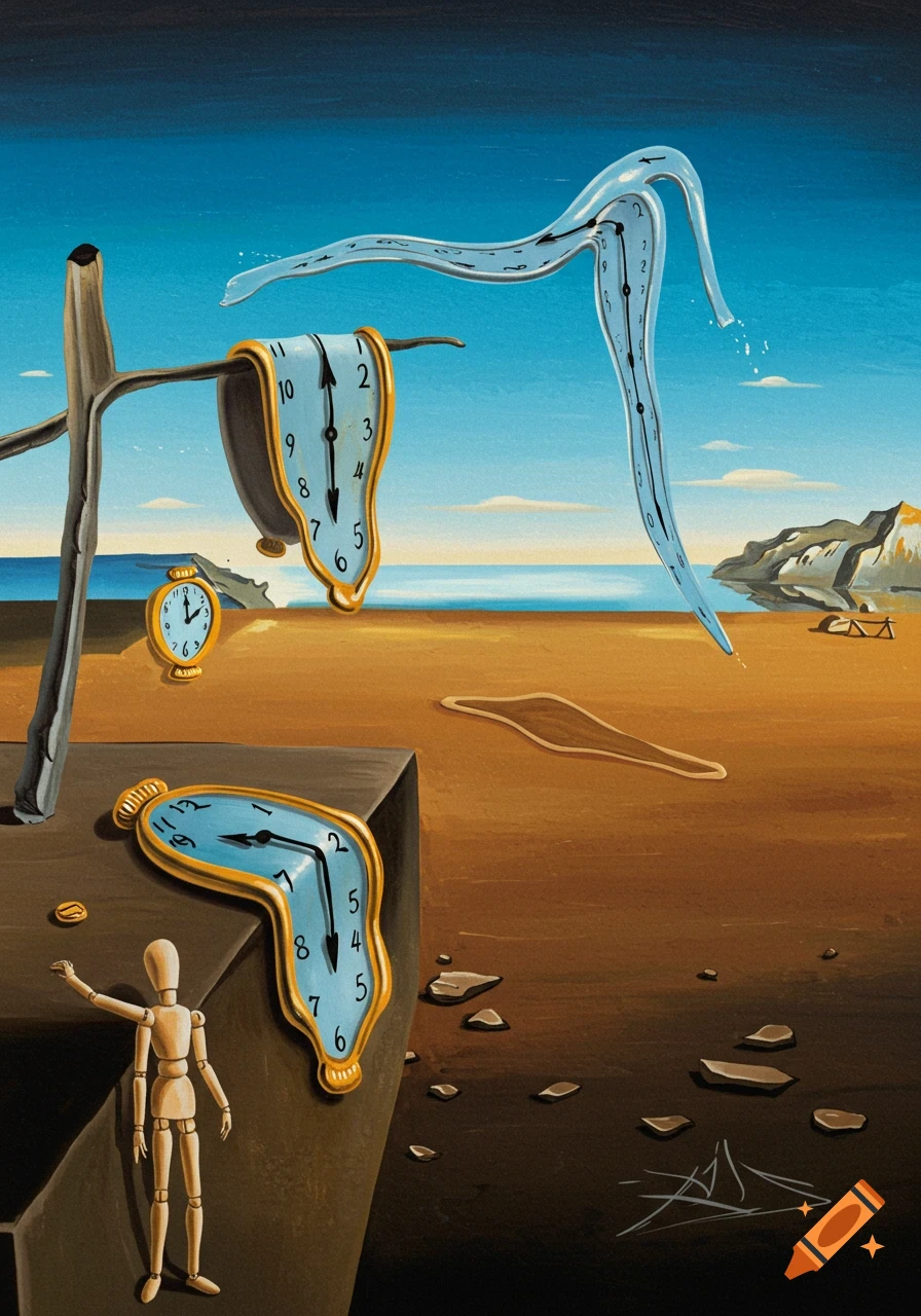Surreal painting in Dali's style featuring melting clocks, a wooden figure, and a desolate landscape.
