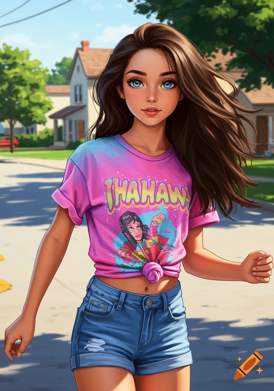 A stylized illustration of a young woman in a pink tie-dye shirt and denim shorts walking on a street.