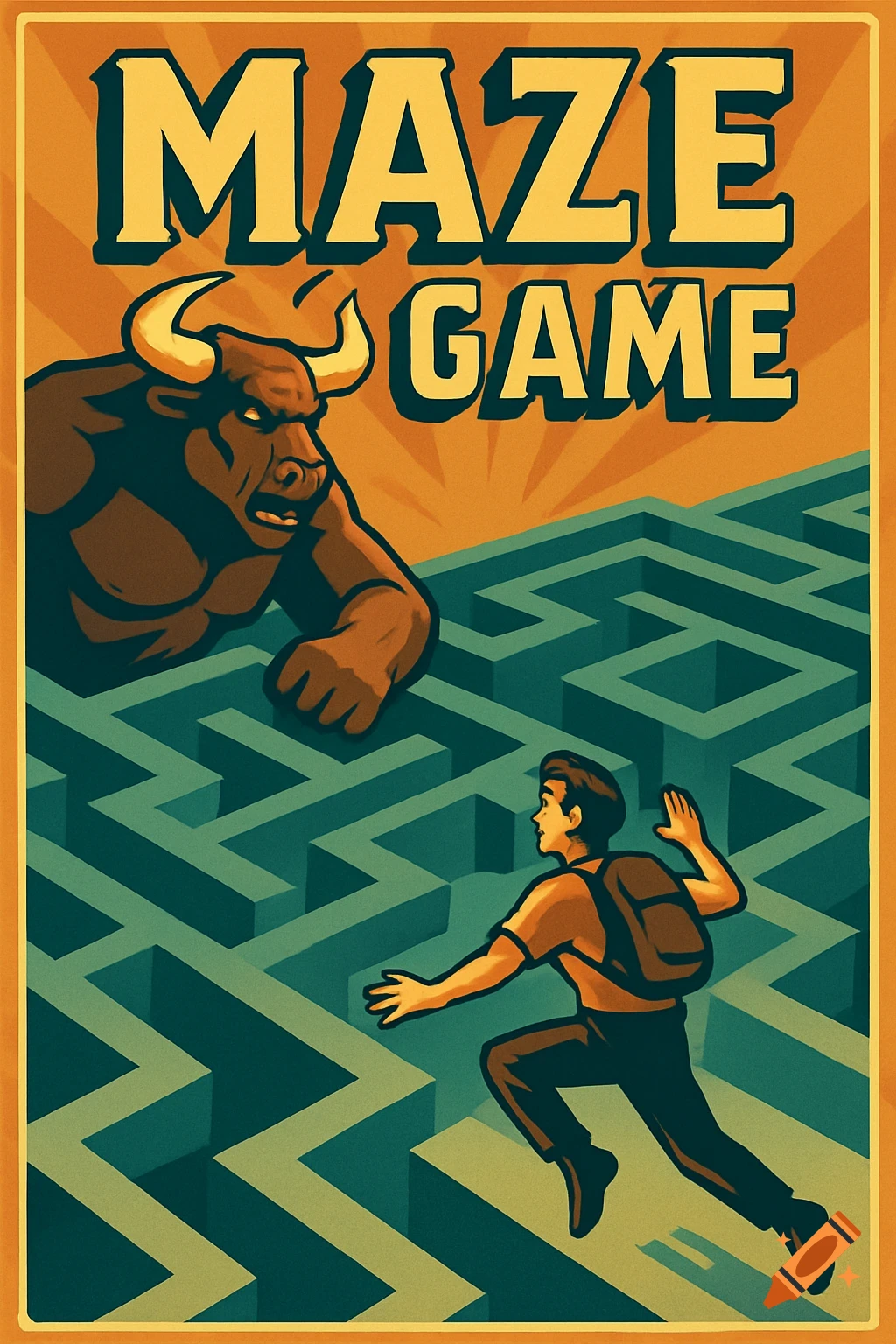 A vintage style game poster depicts a person running from a bull-like creature in a maze.