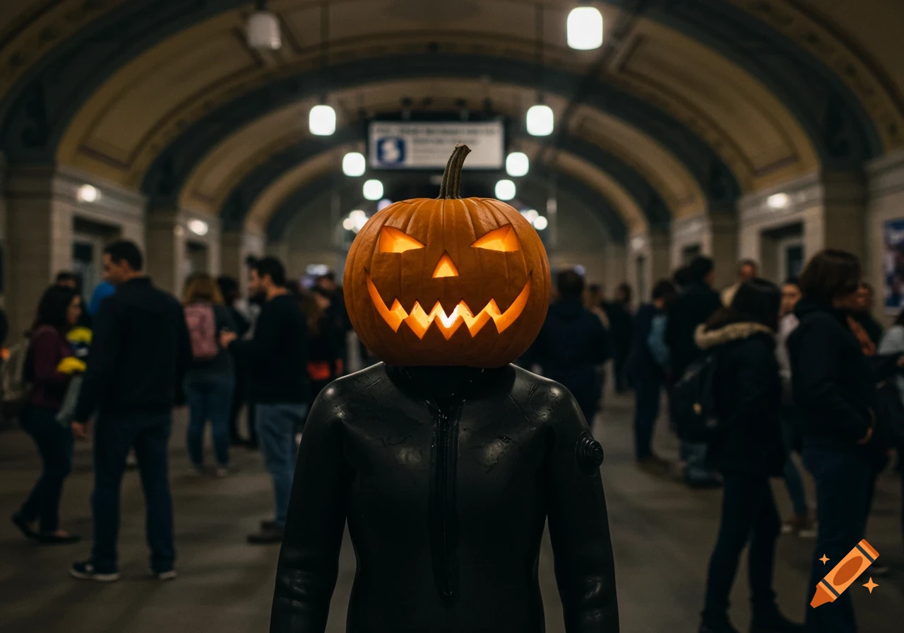 A person wearing a black wetsuit and a carved jack-o'-lantern as a mask stands in a crowded subway station.