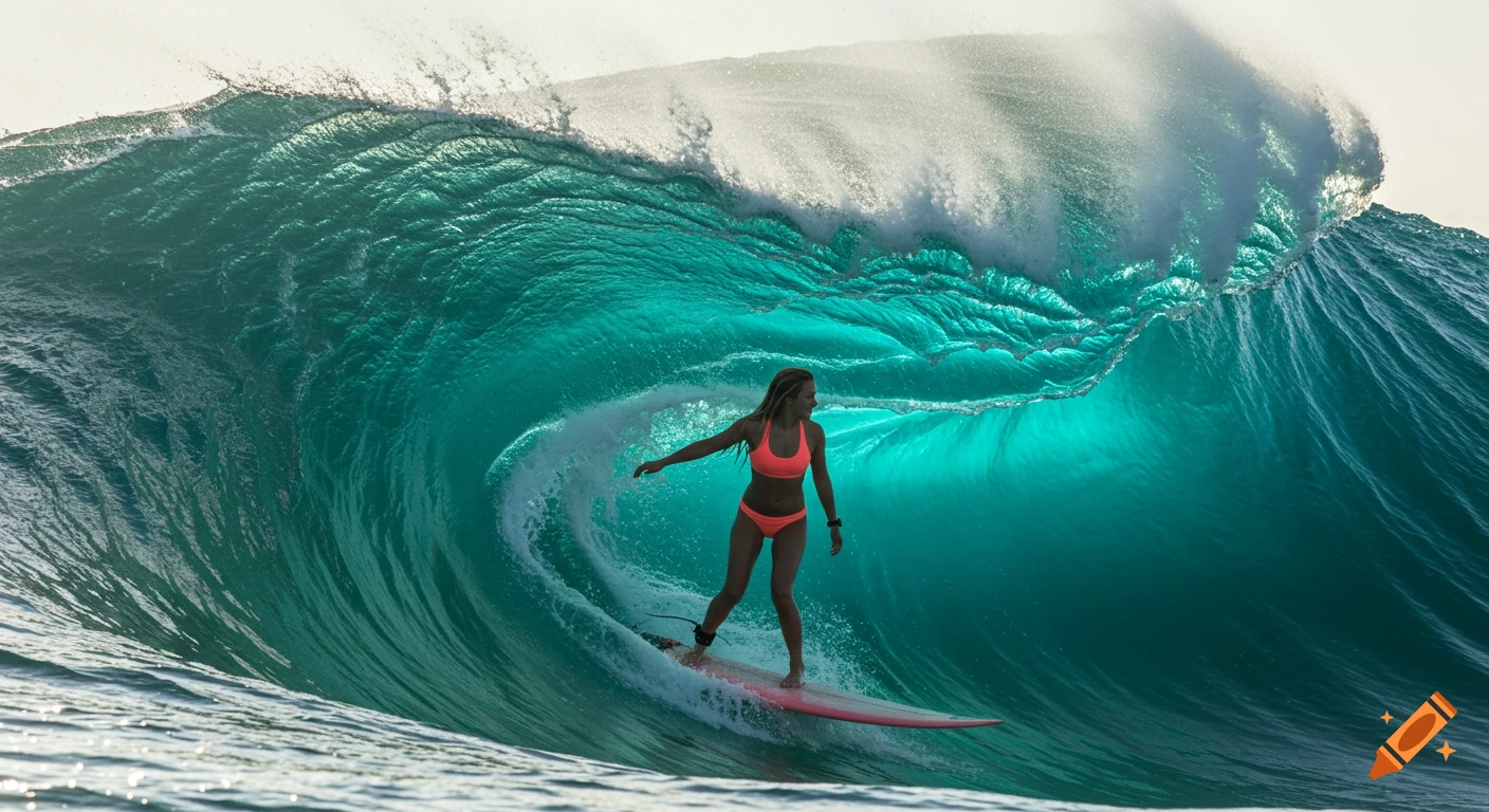 Woman surfing on a large, turquoise wave
