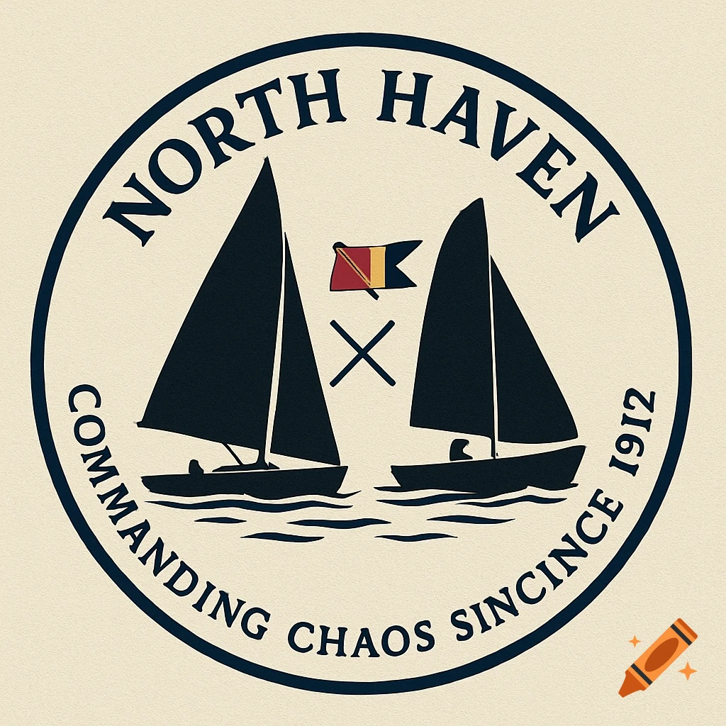 Circular logo with two black silhouette sailboats, a signal flag, and text reading NORTH HAVEN COMMANDING CHAOS SINCINCE 1912.
