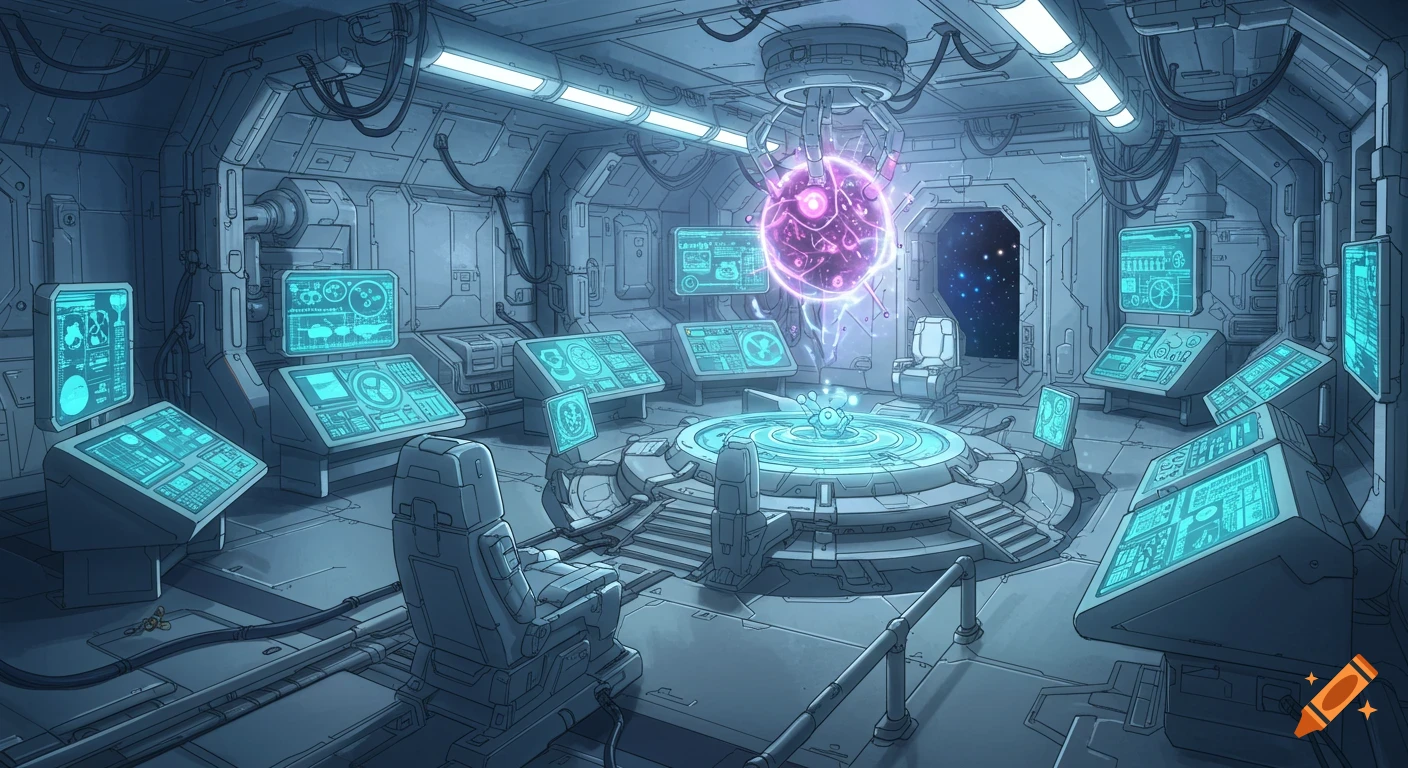 An anime-style illustration of a futuristic science lab with glowing screens and a central energy sphere.
