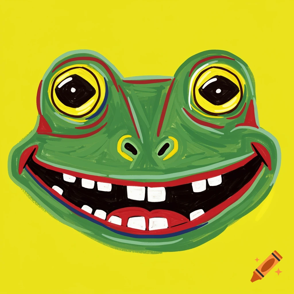 A brightly colored illustration of a smiling green frog face with large eyes and a wide mouth against a yellow background.