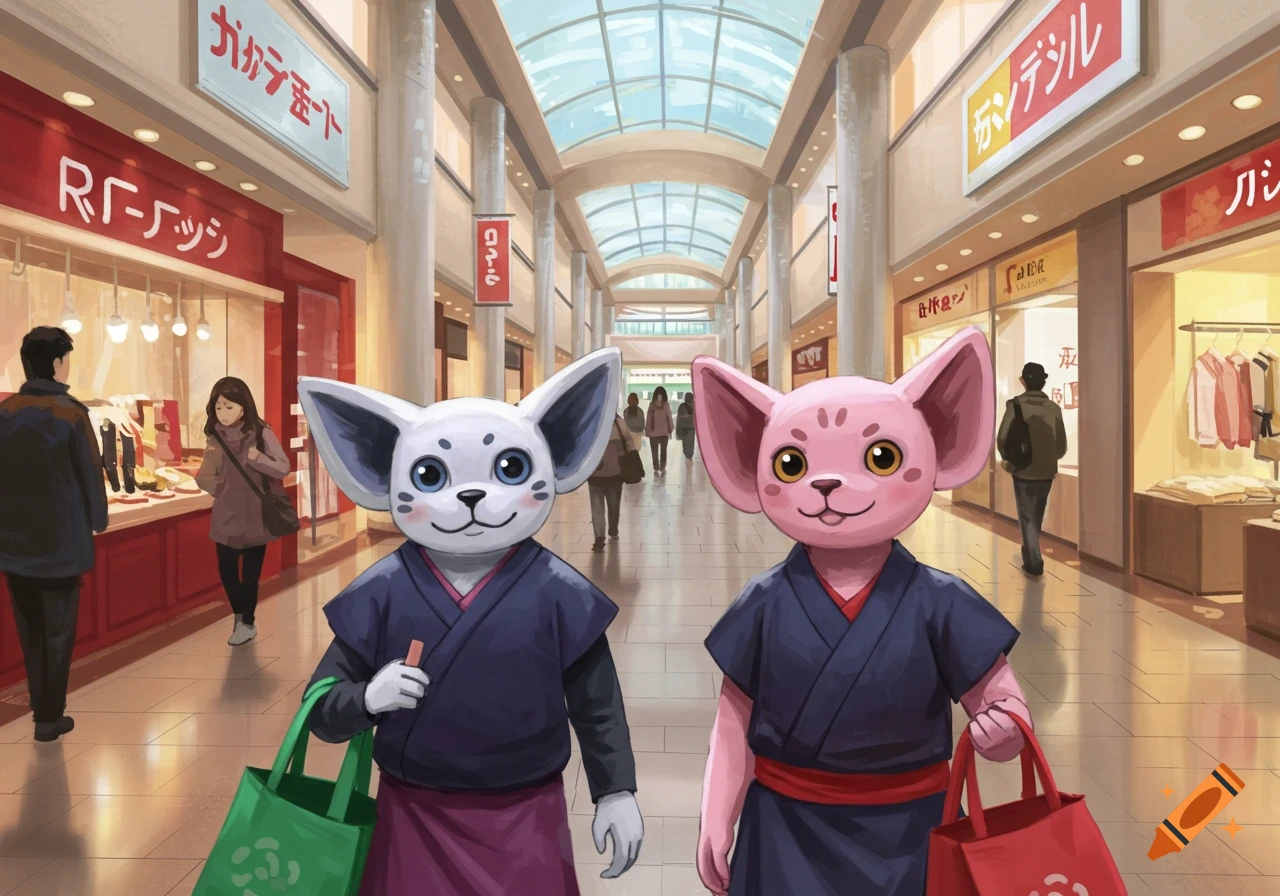 Two cartoon characters resembling cat/fox in robes carry shopping bags in a shopping mall, illustration.