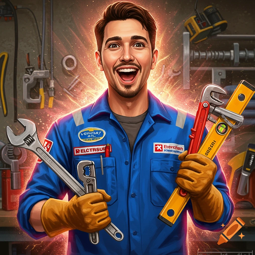 A man in a blue uniform holds a wrench and level, smiling in a workshop.
