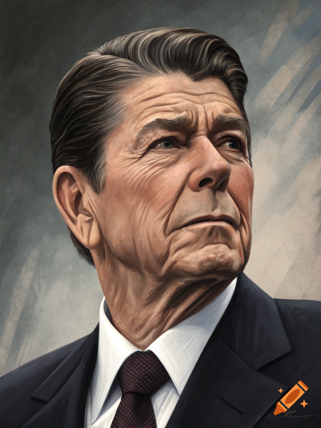 Painted portrait of Ronald Reagan in a suit, looking up