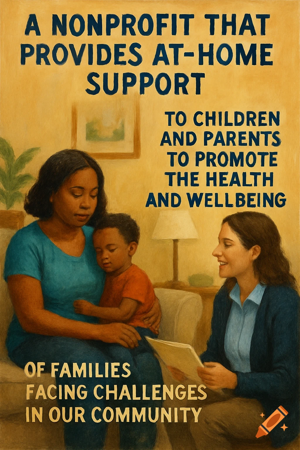 A poster shows a woman holding a child talking to another woman, with text about a nonprofit supporting families.